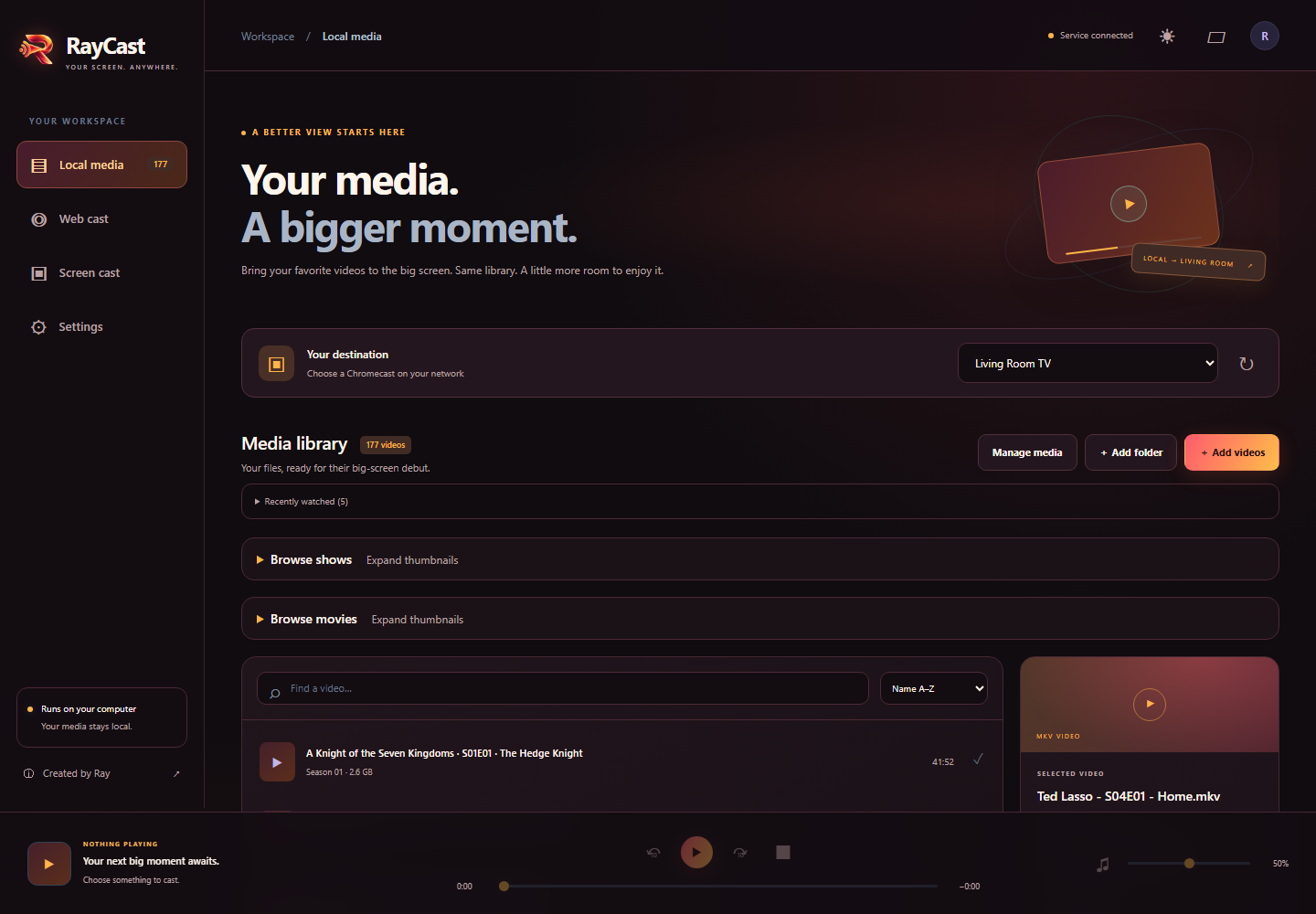 RayCast local media library with Chromecast destination, video list, and player controls